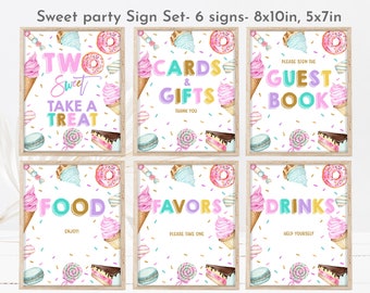 Two Sweet Birthday Party Sign Set 2nd Birthday Dessert party table sign bundle table Decor Icecream Donut Editable Printable Download Bir338