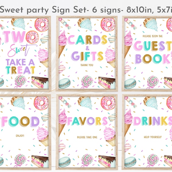 Two Sweet Birthday Party Sign Set 2nd Birthday Dessert party table sign bundle table Decor Icecream Donut Editable Printable Download Bir338