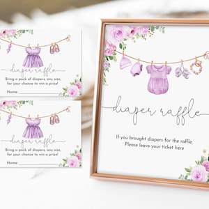 Mädchen-Babykleidung Baby Shower Windel Raffle Zeichen und Tickets Windel Raffle Set Wäsche Spiel Lavendel Blumen Bearbeitbar Printable Lila Bab236