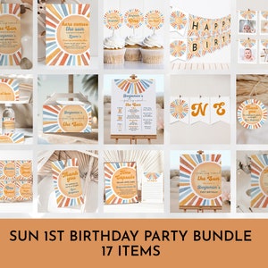 Boho Sun 1st Birthday Invitation Bundle (Editable Digital Party Set) Bir409 Bir350