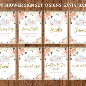 Tea Party Baby Shower Sign Set Floral High Tea Party Brunch Table Decor Gold Pink Floral Printable bundle Download EDITABLE Bab33