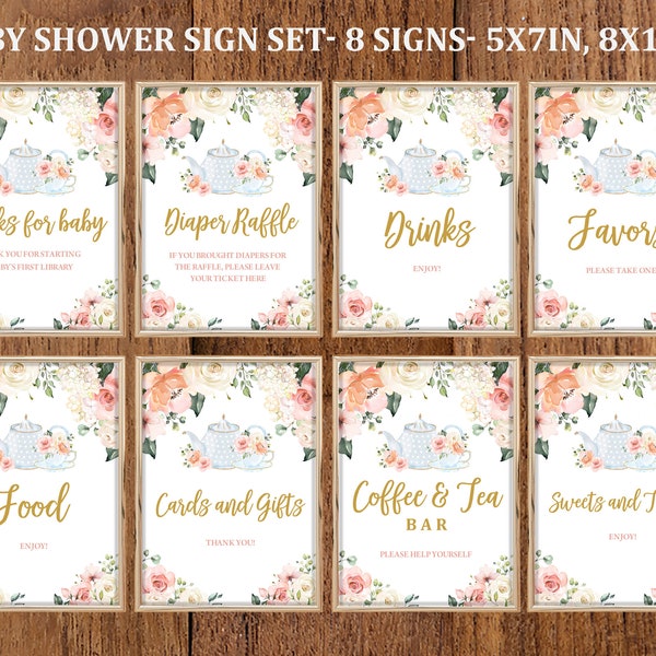 Tea Party Baby Shower Sign Set Floral High Tea Party Brunch Table Decor Gold Pink Floral Printable bundle Download EDITABLE Bab33