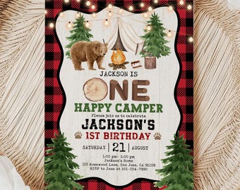 Lumberjack Camping Birthday Invitation, Smores, Plaid (Editable Printable) Bir627