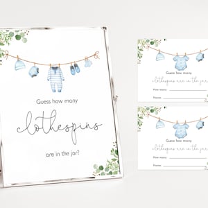 Babykleding jongens Babyshower Raad hoeveel wasknijpers er in de pot zitten Spel Wasserij babyshoweractiviteit Bewerkbaar afdrukbaar Download Bab214