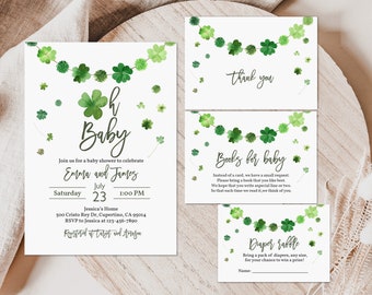 Op de afbeelding: Een babyborrel uitnodiging met een groen klavertje vier-thema met een krans van klavertjes en de tekst "Oh Baby" en "Emma en James". De uitnodiging bevat de datum, tijd en locatie van de borrel. Er zijn ook drie extra kaarten met de tekst "Bedankt", "Boeken voor baby" en "Luier loterij".