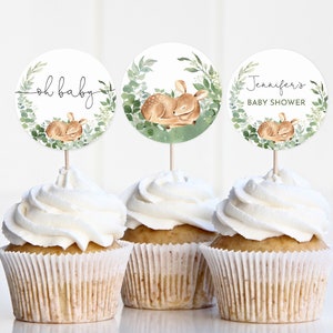 Baby Deer Baby Shower Cupcake Toppers Greenery Boho Oh Baby Gender neutral Baby shower Decor Boy Woodland Editable Printable Download Bab120