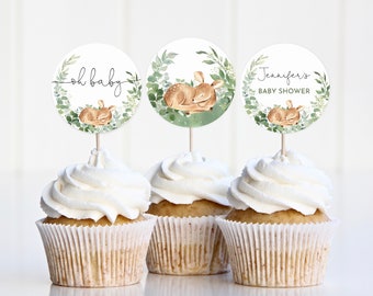 Cupcake Toppers: Baby Deer Boho Greenery - Editable, Printable Bab120