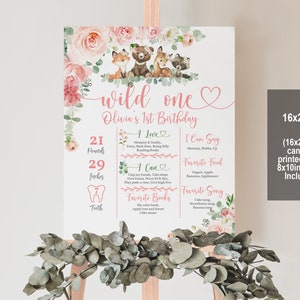 Mädchen Woodland Erster Geburtstag Meilenstein Poster Waldtiere 1. Geburtstag Kreidetafel Druckbares Schild Blush Pink Floral Bearbeitbar Bir358