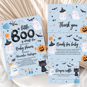 Ein wenig Boo-Babyparty-Einladungs-Bündel Halloween-Babyparty-Einladungssatz niedlicher blauer Junge-Dusche-Geist Spooktacular bearbeitbare druckbare Haba5