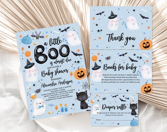 May include: A blue and orange baby shower invitation with a ghost and pumpkin theme. The invitation says "a little BOO is almost due" and includes details for the party. There are also cards for a diaper raffle and a request for books for the baby.