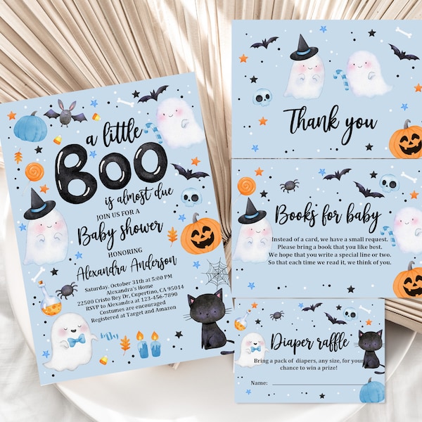 A Little Boo Baby Shower Invitation Bundle Halloween Baby Shower Invite set Cute Blue Boy Shower Ghost Spooktacular Editable Printable Haba5