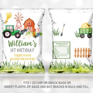 May include: A white chip bag with a farm theme. The front of the bag features a green tractor, a red barn, a windmill, and a variety of farm animals. The text "William's 1st Birthday" is printed in green and gray. The back of the bag features a green wagon with hay bales, a fence, and a shovel. The text "Nutrition Facts" is printed in black. The bag is designed to fit 1 ounce chip bags or snack bags.