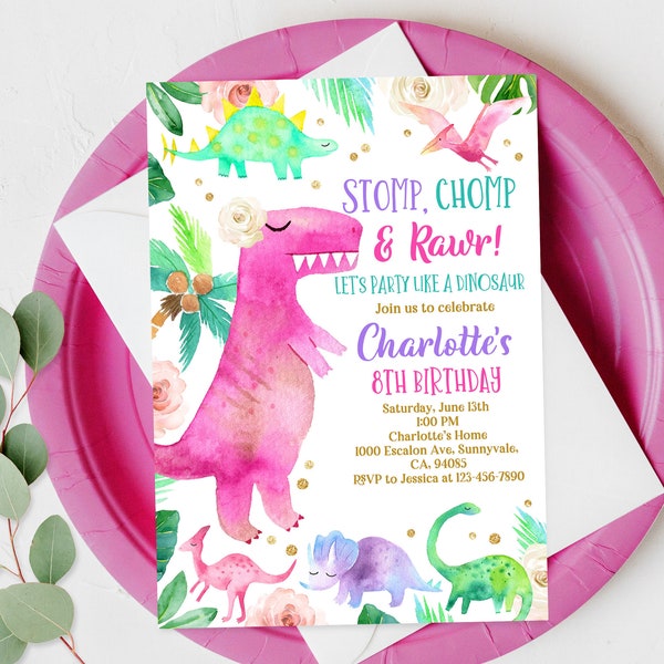 Girl Dinosaur Invitation Dino Birthday Party Invite Wild One Safari Cute Hot Pink Gold Birthday Digital Editable Printable Download Bir248