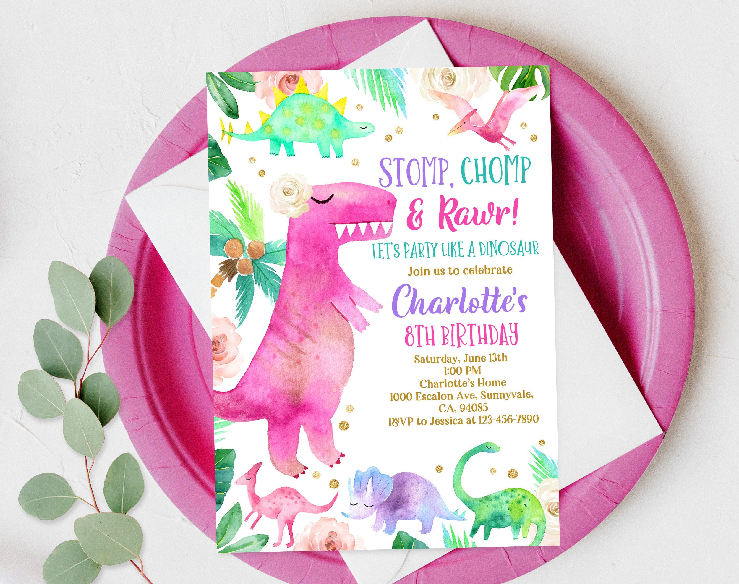 Girl Dinosaur Invitation Dino Birthday Party Invite Wild One Etsy