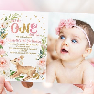 Deer Birthday Invitation Woodland Party Invite Forest Animals Winter Floral Gold Deer Girl 1st First Photo Printable Editable Download Bir39