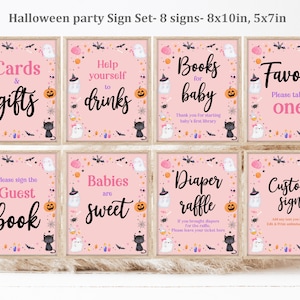Pink Ghost Halloween baby shower table sign set  Editable Halloween baby shower decor package Girl Fall Autumn Printable Download Haba4
