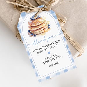 Étiquette de cadeau de naissance baby shower de crêpes aux myrtilles étiquette de remerciement modifiable pour le brunch de bébé aux myrtilles, cadeau imprimable pour le brunch aux myrtilles Plaid Bab333