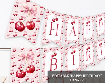 Pode incluir: Faixa editável "Feliz Aniversário" com bandeirinhas rosa e brancas com um design de cerejas e laço.