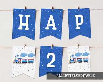 Train Party Banner: Editable Blue Red Design - Digital Download Bir60