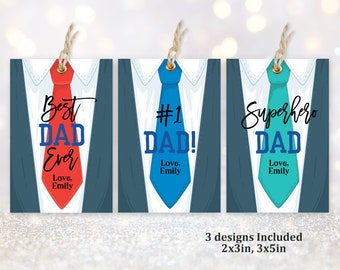 May include: Three printable Father's Day gift tags featuring a blue suit with a tie. The tags say "Best Dad Ever", "#1 Dad!" and "Superhero Dad". Each tag includes the text "Love, Emily".