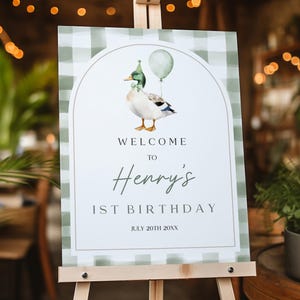 One Lucky Duck Birthday Welcome Sign Template, Editable Green Duck First Birthday Party Decor, Mallard Duck Birthday Welcome Poster Bir511