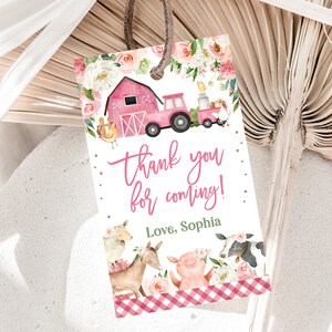 Étiquettes de faveur d'anniversaire de fille de ferme, animaux de la ferme, fête de la basse-cour, merci, étiquettes pour cadeaux, ferme florale rose, édition imprimable, téléchargement Bir312