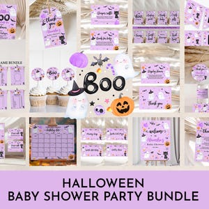 Purple A Little Boo Baby Shower Invitation Bundle Halloween Baby Shower Invite set Cute Purple Ghost Spooktacular Editable Printable Haba7