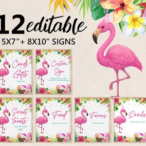 Könnte beinhalten: Eine Sammlung von 12 editierbaren Schildern mit tropischem Flamingo-Thema. Die Schilder sind in den Größen 12,7 cm x 17,8 cm und 20,3 cm x 25,4 cm erhältlich und zeigen einen rosa Flamingo, florale Akzente und Texte wie "Karten & Geschenke" und "Süßigkeiten".