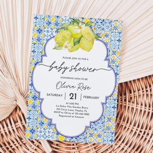 Italian Lemon Blue Tiles Baby Shower Invitation Mediterranean Blue Tiles Baby Shower Invite Positano lemon Editable Printable Digital Bab303
