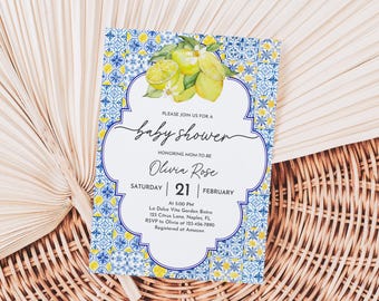 Blue Tiles Baby Shower Invitation: Italian Lemon Theme (Editable Bab303)