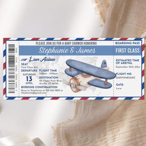 Vliegtuigticket babyshower uitnodiging jongen afdrukbare babyshower instapkaart blauw bewerkbare vliegticket uitnodiging reizen Bab314