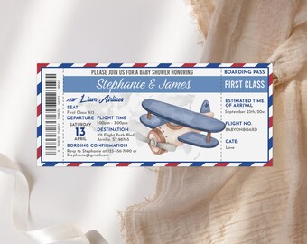 Airplane Ticket Baby Shower Invitation: Blue Editable Boarding Pass Bab314