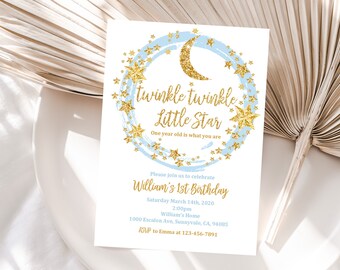 May include: A white invitation card with gold text and a blue and gold star and moon design. The text reads "Twinkle Twinkle Little Star" and announces a first birthday celebration. The invitation includes date, time, and location details.