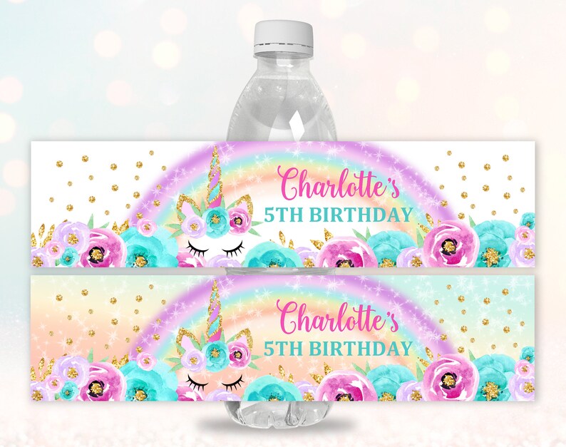 Unicorn Water Bottle Labels / Rainbow Unicorn Birthday Party / Etsy