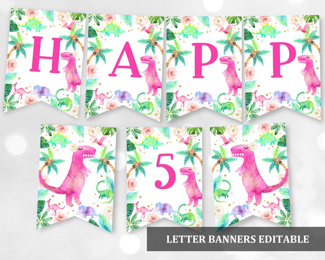 Girl Dinosaur Birthday Banner Dinosaur Party Decor Pink Gold Dino Wild ...