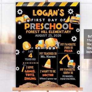 Construction Back to school sign Preschool Chalkboard  Construction school sign  First day of school  EDITABLE, Download  Sc2