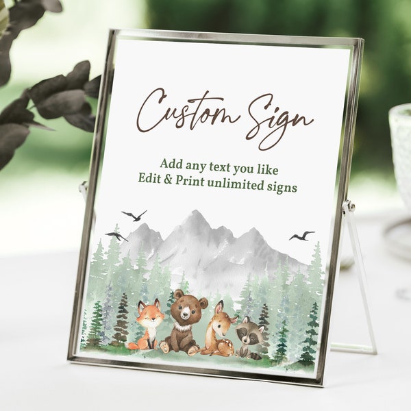 Let the Adventure Begin baby shower Custom table sign Woodland animals Forest Mountain table sign decor Editable Printable Download Bab194