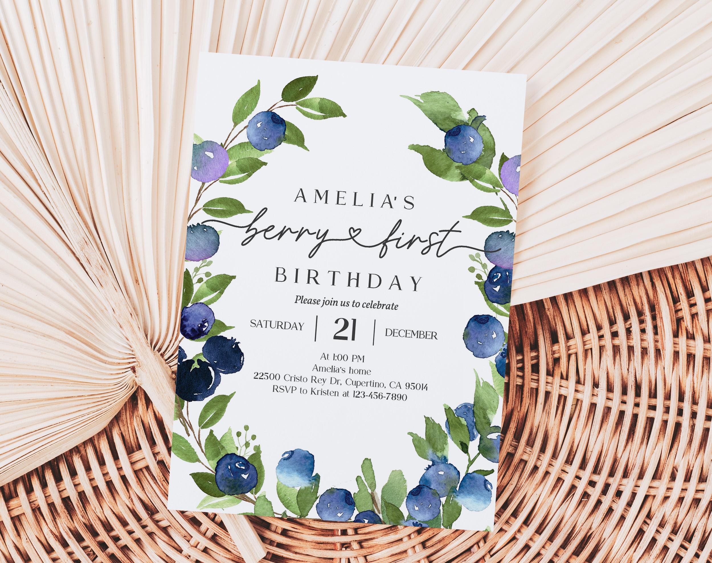 オーダー専用ページ Berry Sweet First Birthday Invitation: Blueberry Picking Party