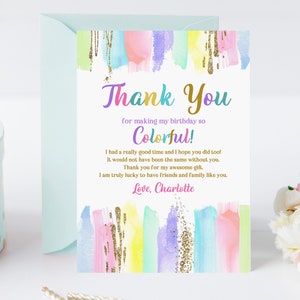 Arte editável festa de aniversário cartão de agradecimento pintura festa nota de agradecimento lona artesanato arco-íris pastel colorido giz de cera pincel digital bir254