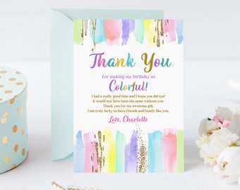 May include: Thank You card with a colorful watercolor background and gold glitter accents. The card says "Thank You for making my birthday so Colorful!" and "Love, Charlotte".