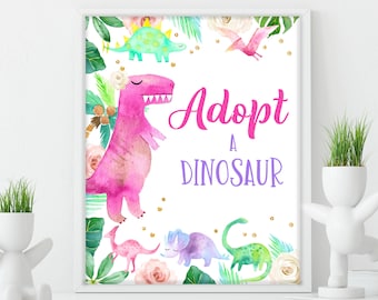 Dinosaur Birthday Table Sign: Girl Dino Party Decor (Pink Gold Bir248)