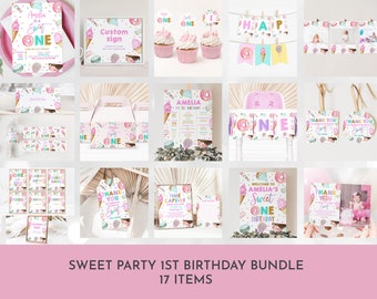 Sweet One Birthday Invitation Set: Pastel Donut Candy Party Bundle Bir360