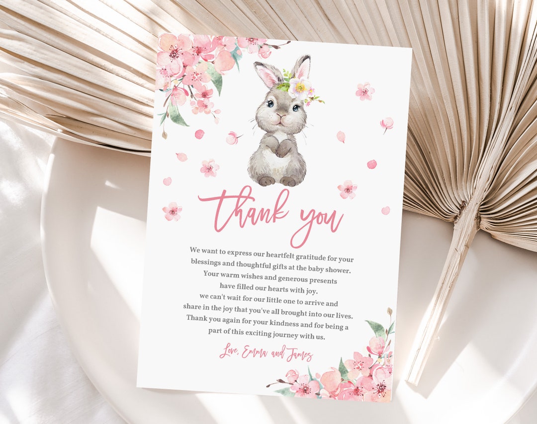 Editable Bunny Baby Shower Thank You Card, Pink Floral Rabbit (digital ...