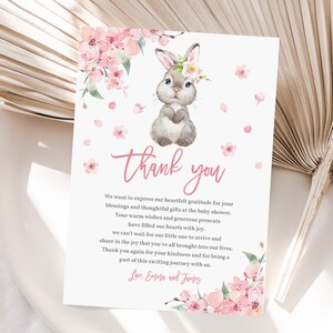 Editierbare Hase Baby shower Danke Karte Kaninchen Dankeschön Frühling Rosa Blumenmädchen Danke Ostern Printable Notecard Digitale Eaba3