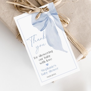 Blue Bow Baby Shower Thank You Tag Editable Blue Ribbon Favor Tag Dusty Blue Coquette Gift Tag Party Favor Boy Printable Decoration Bab340