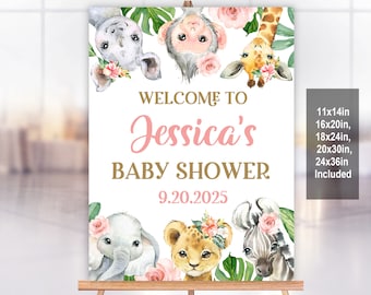 May include: Welcome to Jessica's Baby Shower sign with a pink and gold color scheme. The sign features a watercolor illustration of a giraffe, monkey, elephant, and zebra with floral accents. The sign also includes the date of the shower, 9.20.2025, and the available sizes: 11x14in, 16x20in, 18x24in, 20x30in, 24x36in.