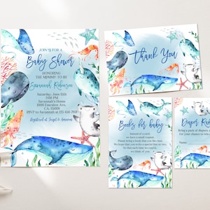Sea baby shower Invitation set Ocean Invite bundle Sea Animals Whale Book insert Diaper Raffle Editable Download Printable Bab156