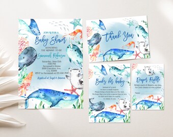 Ocean Baby Shower Invitation Set - Whale and Sea Animals Design Bab156