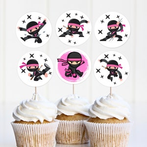 Adornos para cupcakes: Cumpleaños de Ninja Girl - Pegatinas imprimibles y editables Bir365