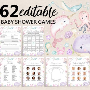 Under the Sea Baby Shower Games bundle Ocean Baby Shower Game Pack Editable Pink Purple Shower Game Bundle Printable Sea Game Set Bab324